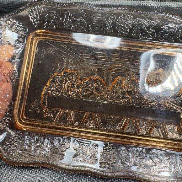Vintage Tiara Indiana Glass Plate Tray Orange Pink The Last Supper Glass Dish - Picture 9 of 12